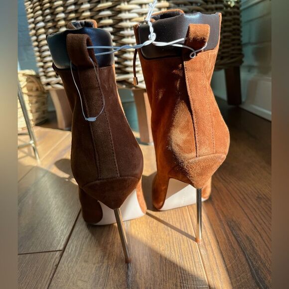 New Good American Lace Up Ankle Boots Tobacco Suede Pointed Toe - Picture 6 of 8